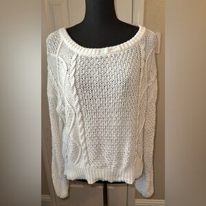 Line & Dot White Cable Knit Sweater Size M Bishop Sleeves Cotton Open Weave Cozy